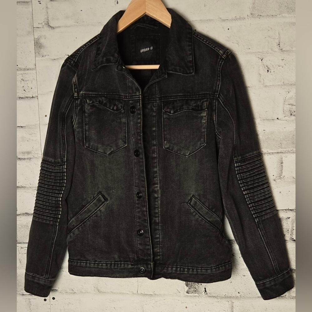 Urban Outfitters Black Moto Denim Jacket Ribbed Biker Streetwear Mens Small